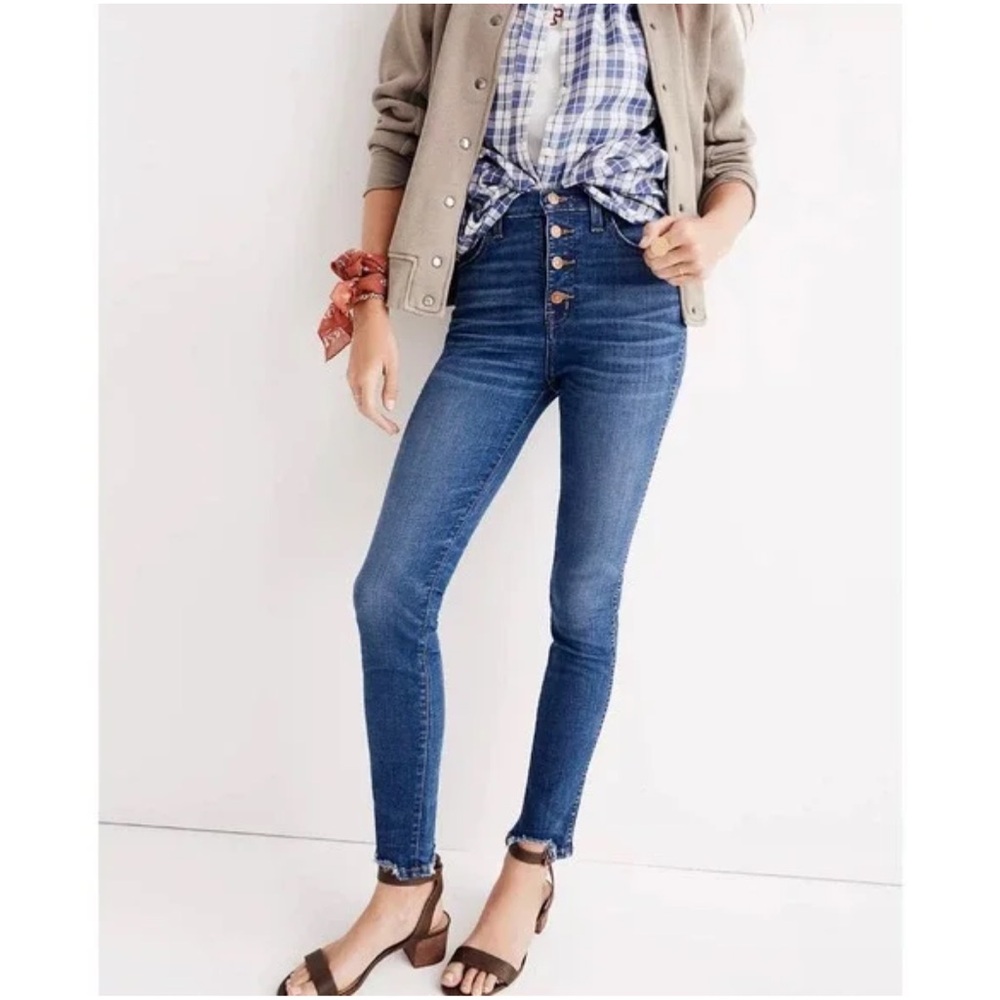 Madewell 10" High-Rise Blue Denim Button Fly Chewed-Hem Skinny Jeans Size 32